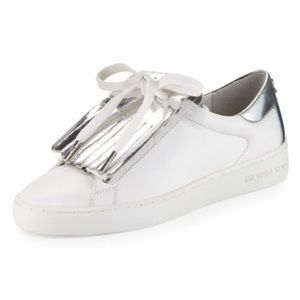 Michael Kors Keaton Kiltie White Leather with Silver Fringe lace up sneakers